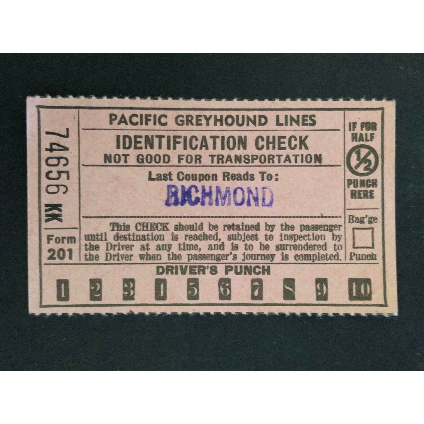 Pacific Greyhound Bus Lines I.D. Check / Ticket "Richmond" 74656 c1945-1955