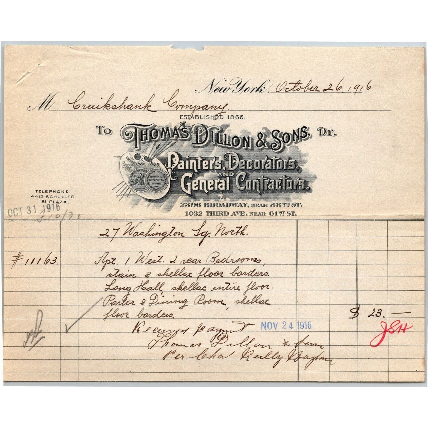 1916 "Thomas Dillon & Sons" General Contractors Billhead Letterhead 3rd Ave NYC