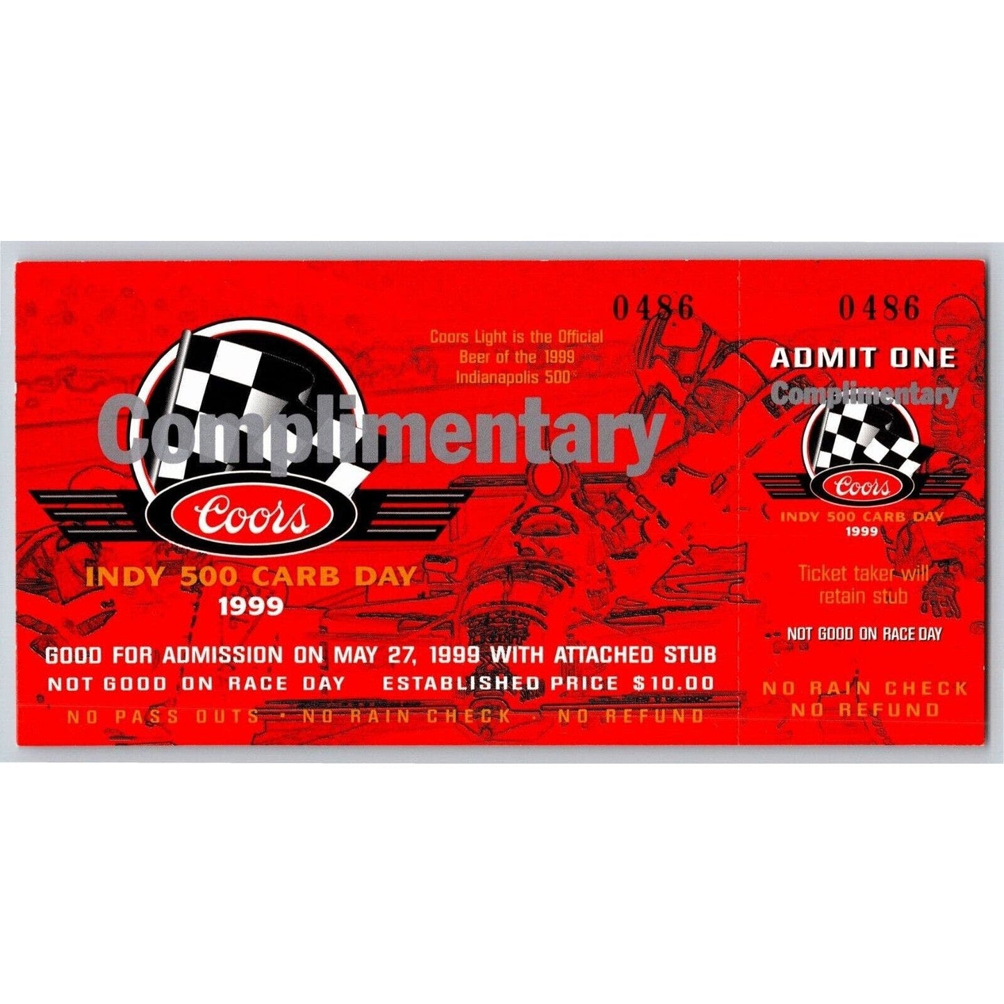 1999 Indy 500 Coors Carb Day 5/27 Comp Ticket Stub #0486