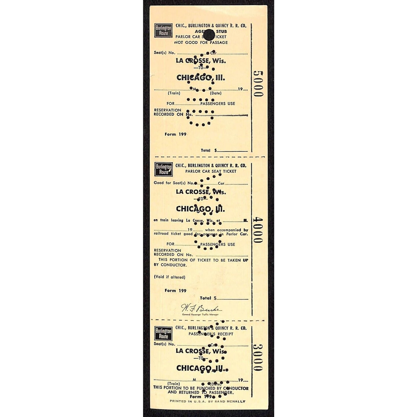 Burlington Route La Crosse, WI to Chicago Unused VOID SAMPLE Ticket c1965 Scarce