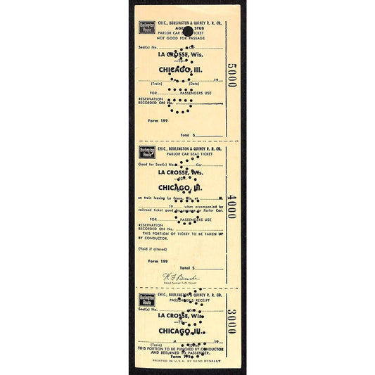 Burlington Route La Crosse, WI to Chicago Unused VOID SAMPLE Ticket c1965 Scarce