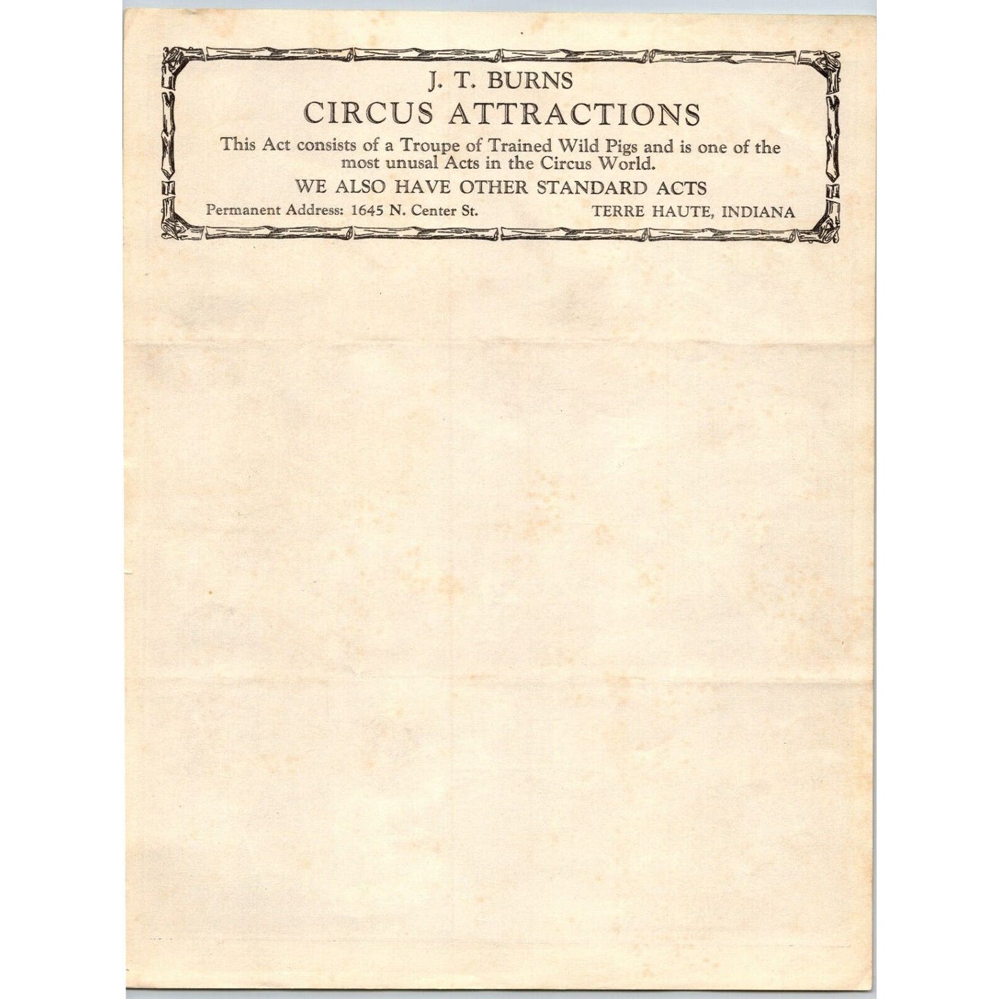 J.T. Burns Trained Wild Pigs Tarre Haute, IN Circus Letterhead c1926 Scarce