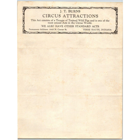 J.T. Burns Trained Wild Pigs Tarre Haute, IN Circus Letterhead c1926 Scarce