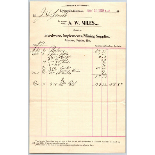 Livingston, MT A.W. Miles Hardware Mining Supplies Saddles 1899 Billhead VGC