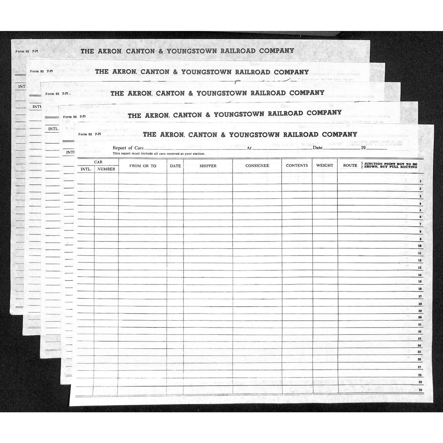 Akron, Canton & Youngstown Railroad Lot of 5 Unused "Report of Cars" Form c1971