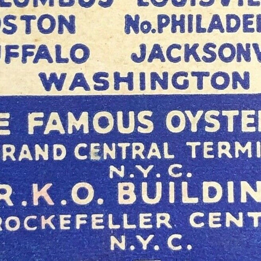 1940-50's Full Matchbook Advertising - Oyster Bar Grand Central Station NYC