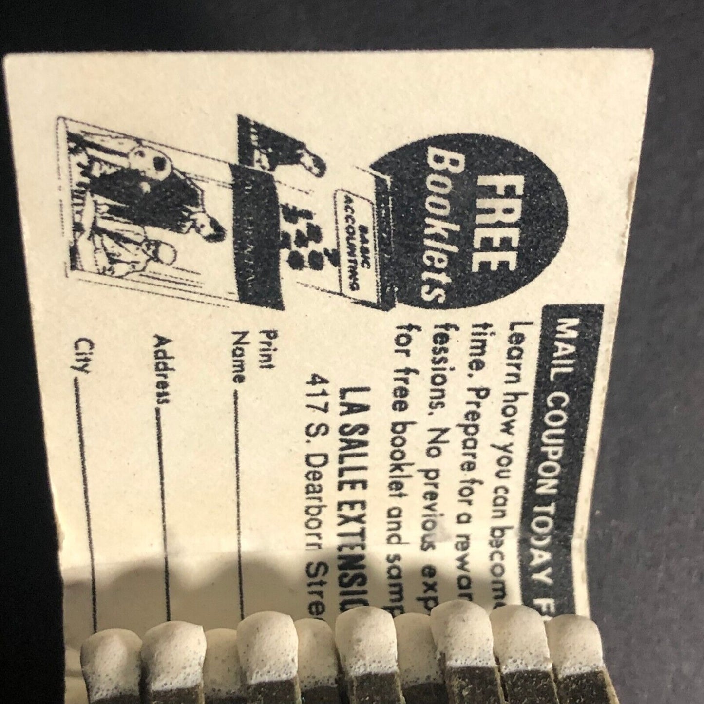 Free Accounting Lesson Mail-in Offer 20-Strike -1 Matchbook c1965-73 VGC