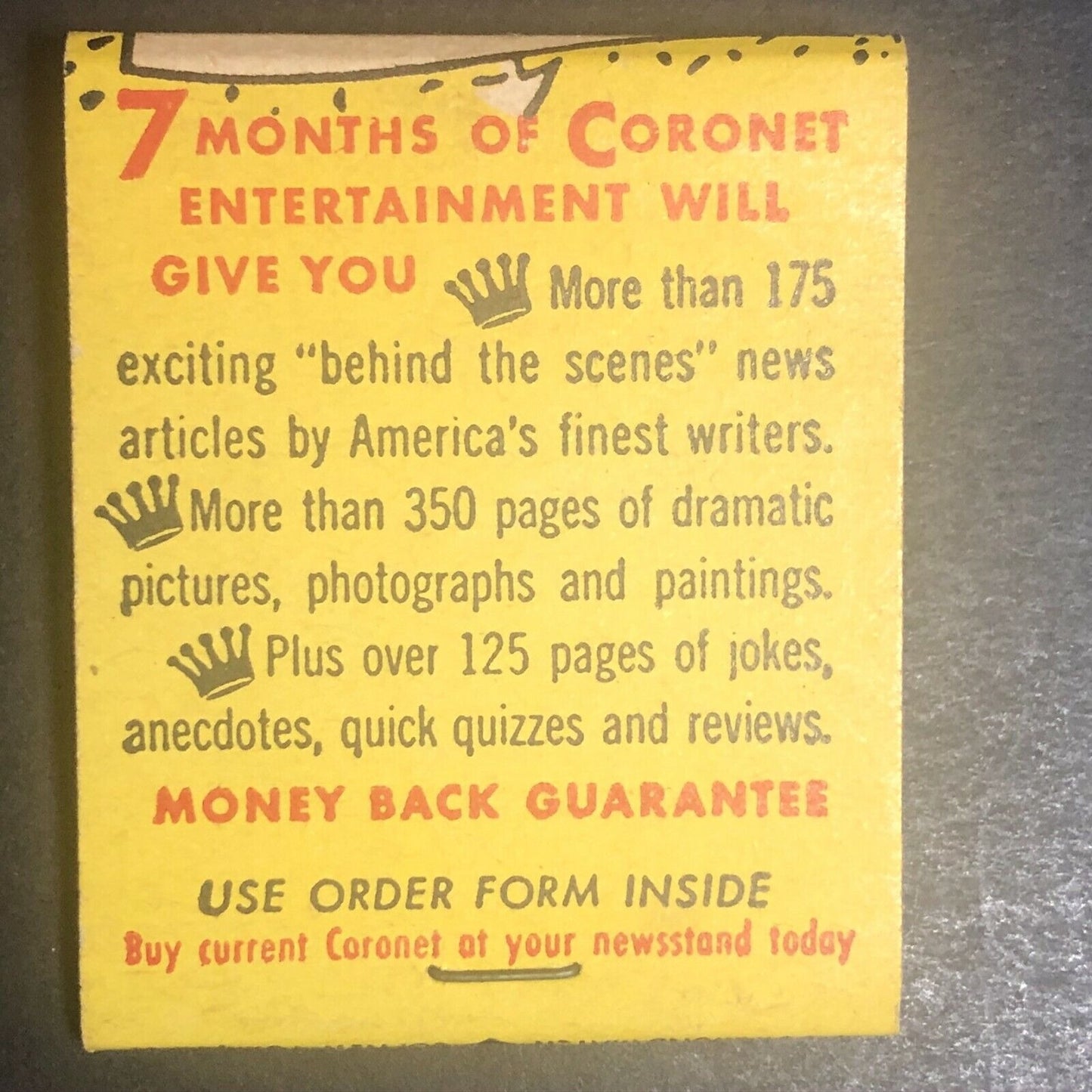 1940's-50's Full Matchbook "Coronet Magazine" 7 Months for $1