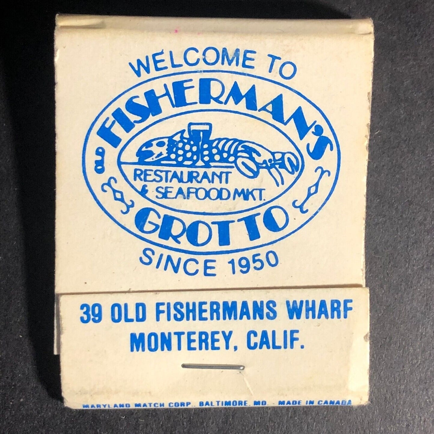 Fisherman's Grotto Monterey, CA 20-Strike Matchbook c1975-85 VGC