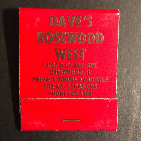 Dave's Rosewood West Restaurant Crestwood, IL Full Matchbook c1978-80's - Scarce