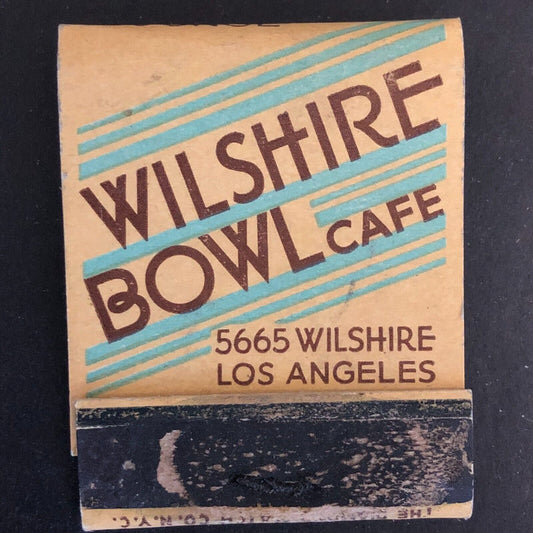 Wilshire Bowl Cafe Los Angeles Full Matchbook c1935 Very Scarce