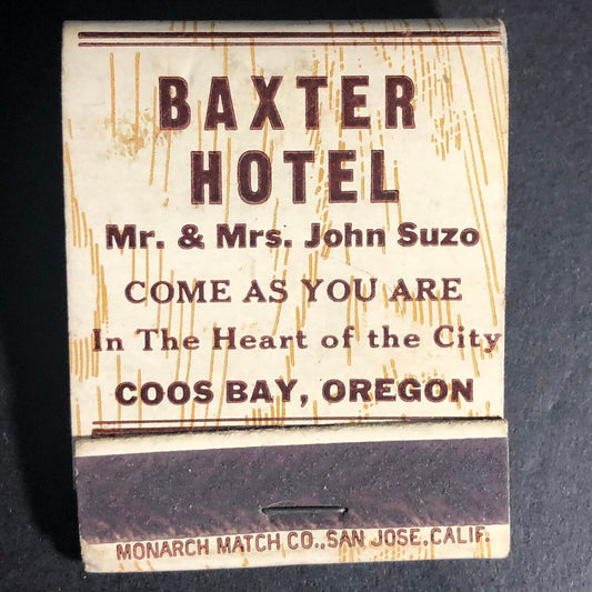 Baxter Hotel Coos Bay, OR 20-Strike Full Matchbook c1940's-50's VGC Very Scarce