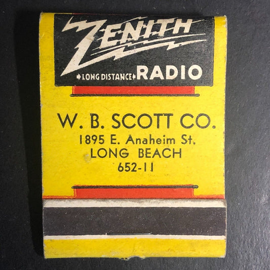 Zenith Radio W.B. Scott Long Beach Cobra Tone Arm Matchbook c1946