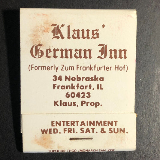 Klaus German Inn Restaurant Frankfort, IL Full Matchbook c1974-80's Scarce