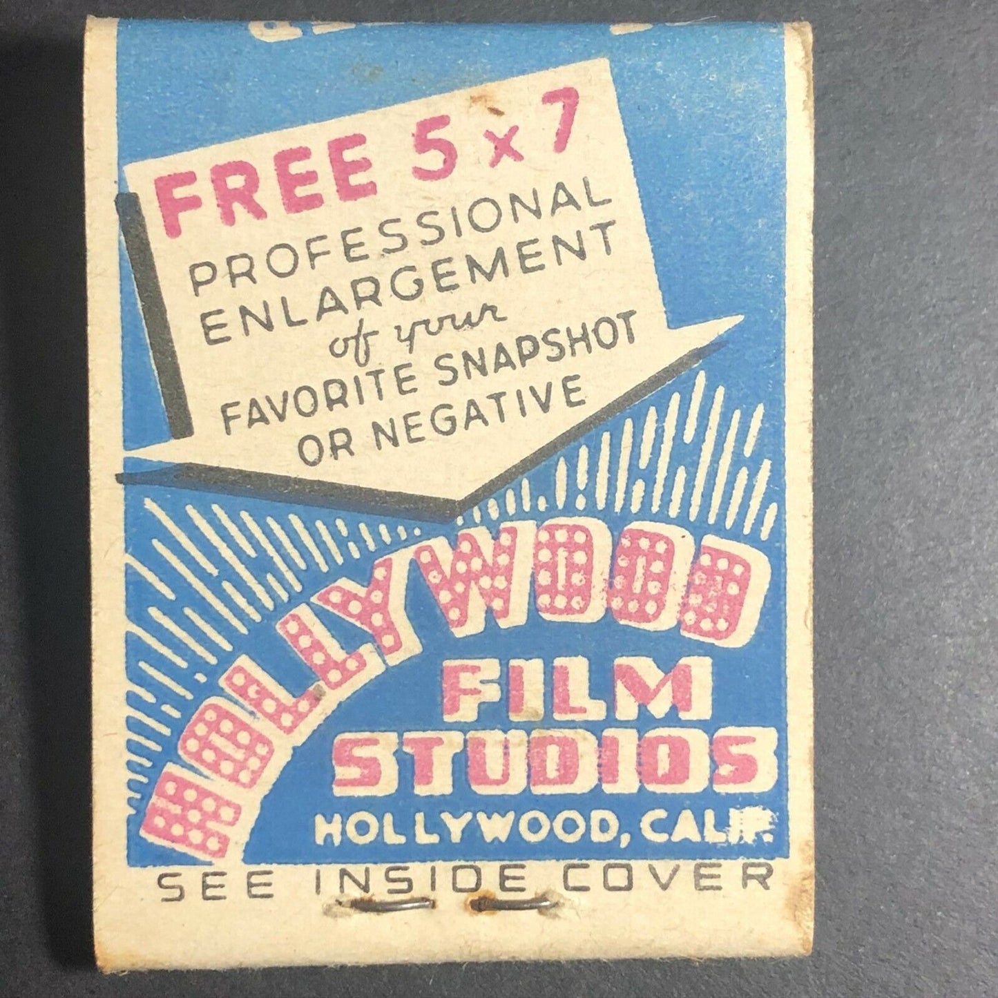 Free 5 x 7 Professional Enlargement Hollywood c1960's-70's Full Matchbook