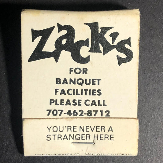 Zack's Italian Dinners Restaurant Ukiah, CA 20-Strike Matchbook c1980's VGC