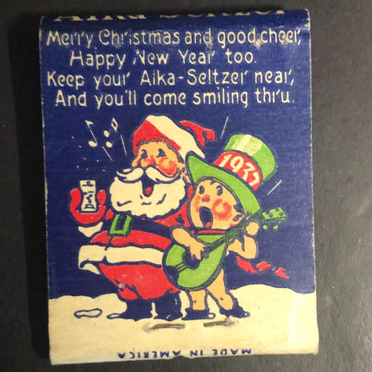 Alka-Seltzer 1937 Merry Christmas Happy New Year Full Matchbook Santa Wreath
