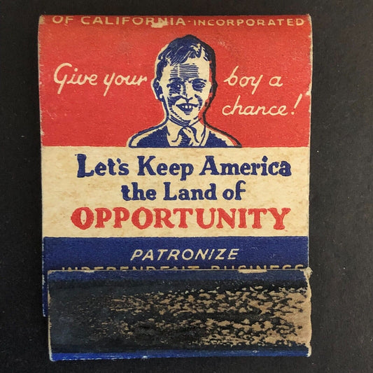"The Anti-Monopoly League of California" Chain License Tax Full Matchbook 1936