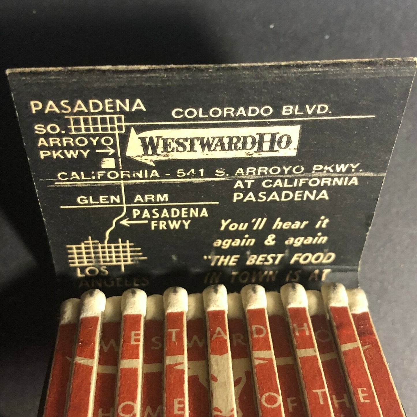 Scarce c1950's Full FEATURE Matchbook Westward Ho Steak House Coach Pasadena