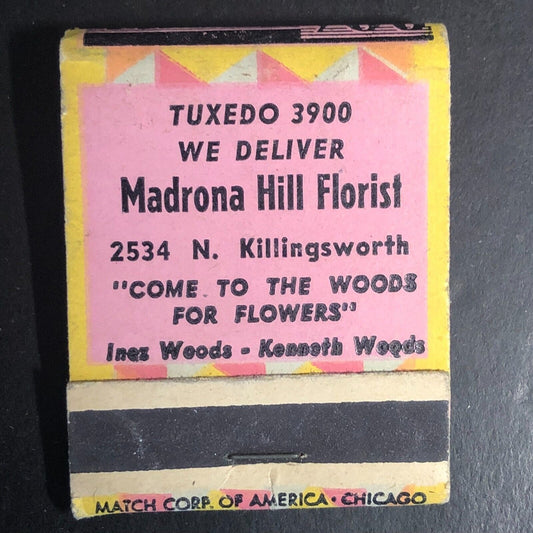 Madrona Hill Florist Ines Woods Kenneth Woods Full Matchbook c1950's Scarce