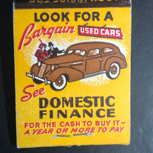 "Domestic Finance" Cash Loans Glendale, CA Full Matchbook c1940's VGC