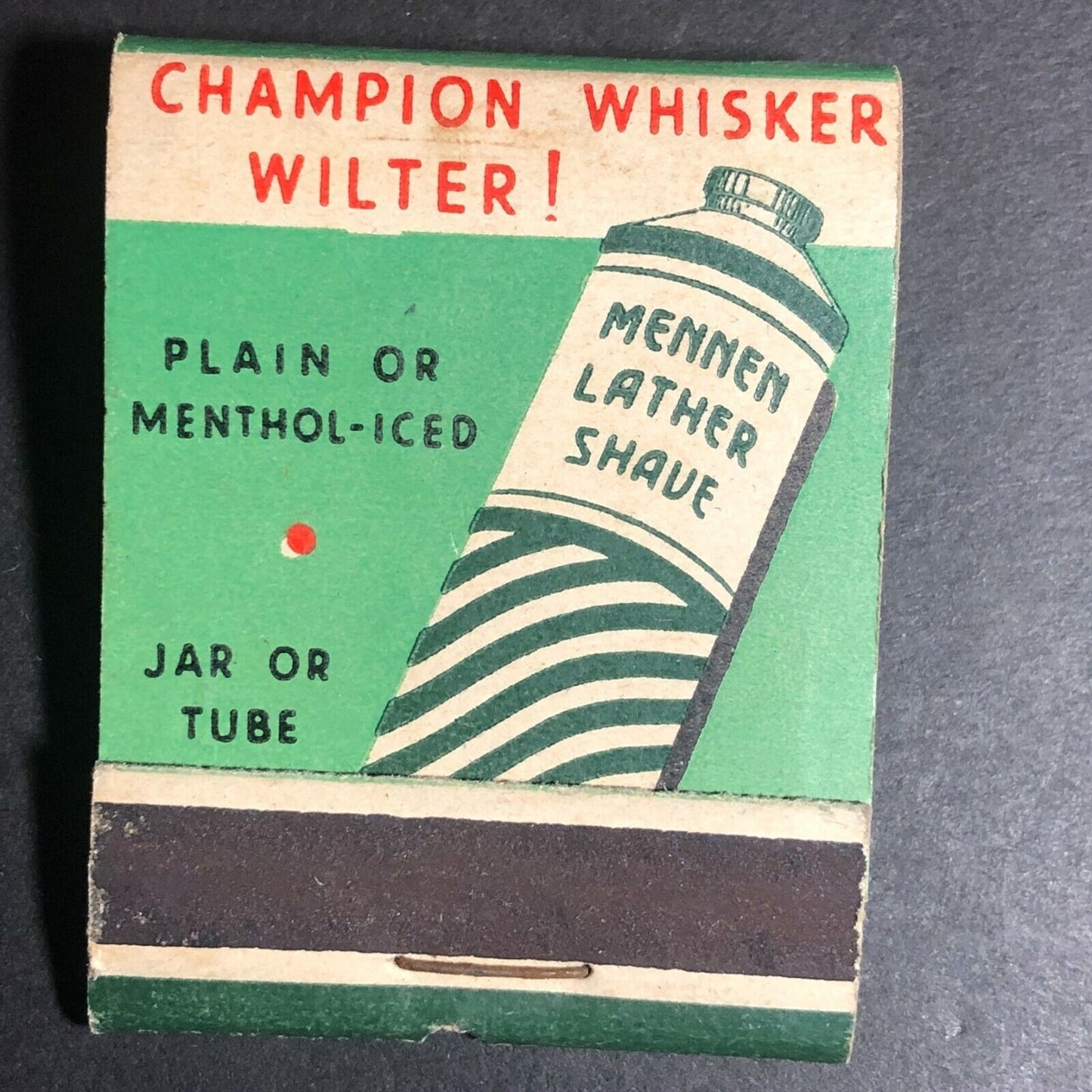 "Mennen Lather Shave" "Jar or Tube" Plain or Menthol c1940's-50's Full Matchbook