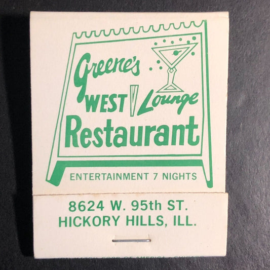 Green's West Restaurant Hickory Hills, IL Full Matchbook c1975-80's - Scarce