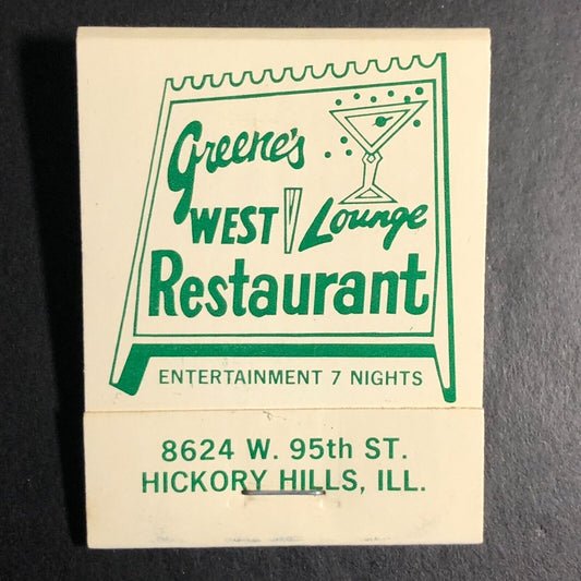 Green's West Restaurant Hickory Hills, IL Full Matchbook c1975-80's - Scarce GRN