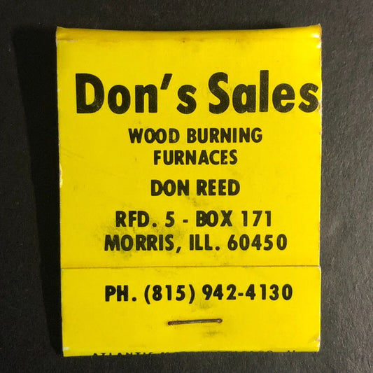 Morris, IL Don's Sale's Don Reed Wood Burning Furnace Full Matchbook c1974-80s