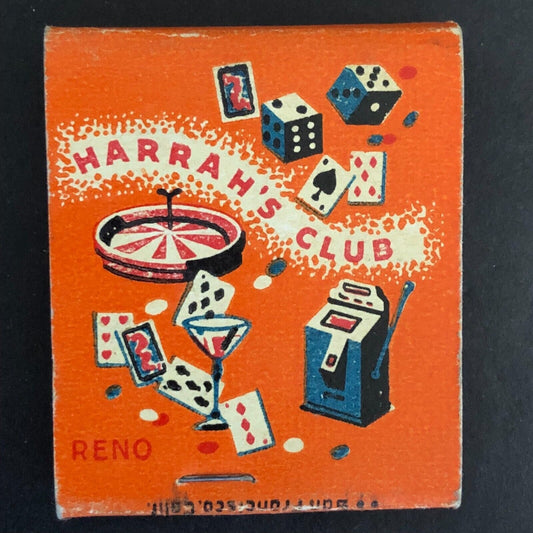 Harrah's Club Reno Casino Gaming Dice Cards Slots Full Matchbook c1940's -Scarce