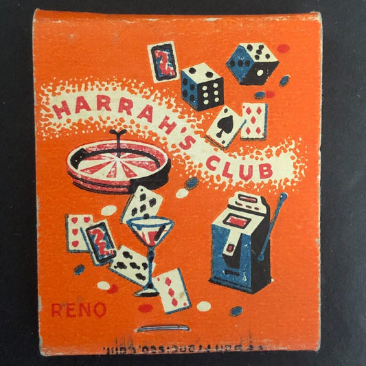 Harrah's Club Reno Casino Gaming Dice Cards Slots Full Matchbook c1940's Scarce