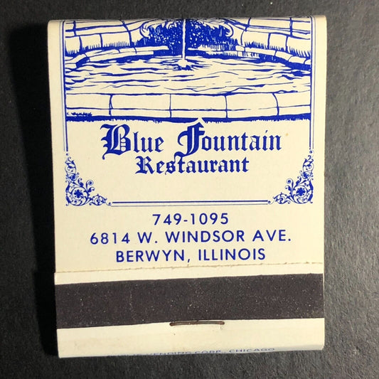 Blue Fountain Restaurant Berwyn, IL Full Matchbook c1960's-74 VGC Scarce