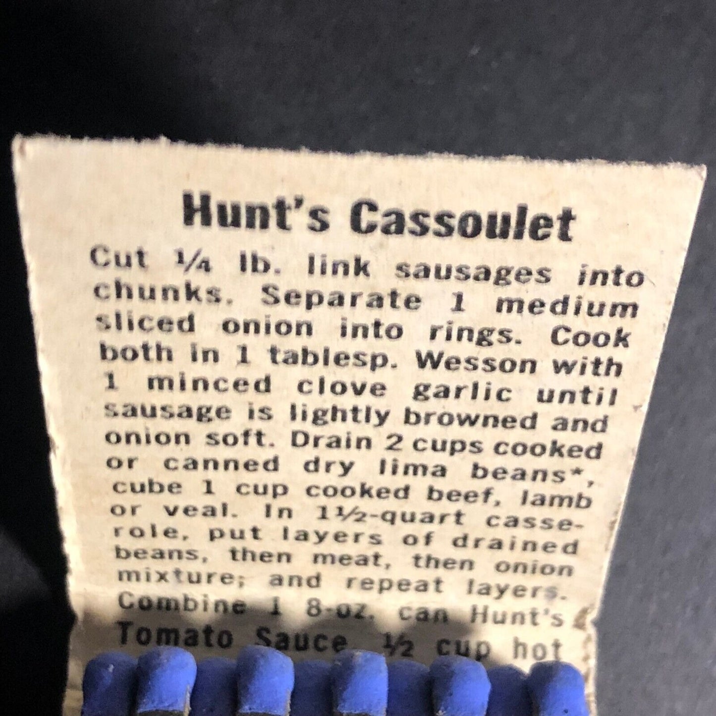 Hunt's Tomato Sauce - w/ Cassoulet Recipe Matchbook c1960 VGC