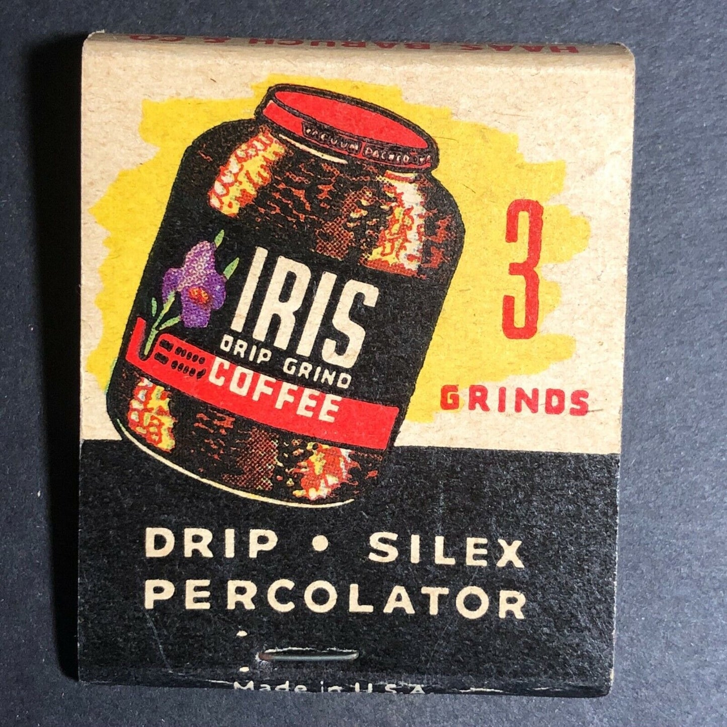Scarce 1940's Full Matchbook - Iris Fine Foods - Drip Grind Coffee "3 Grinds"