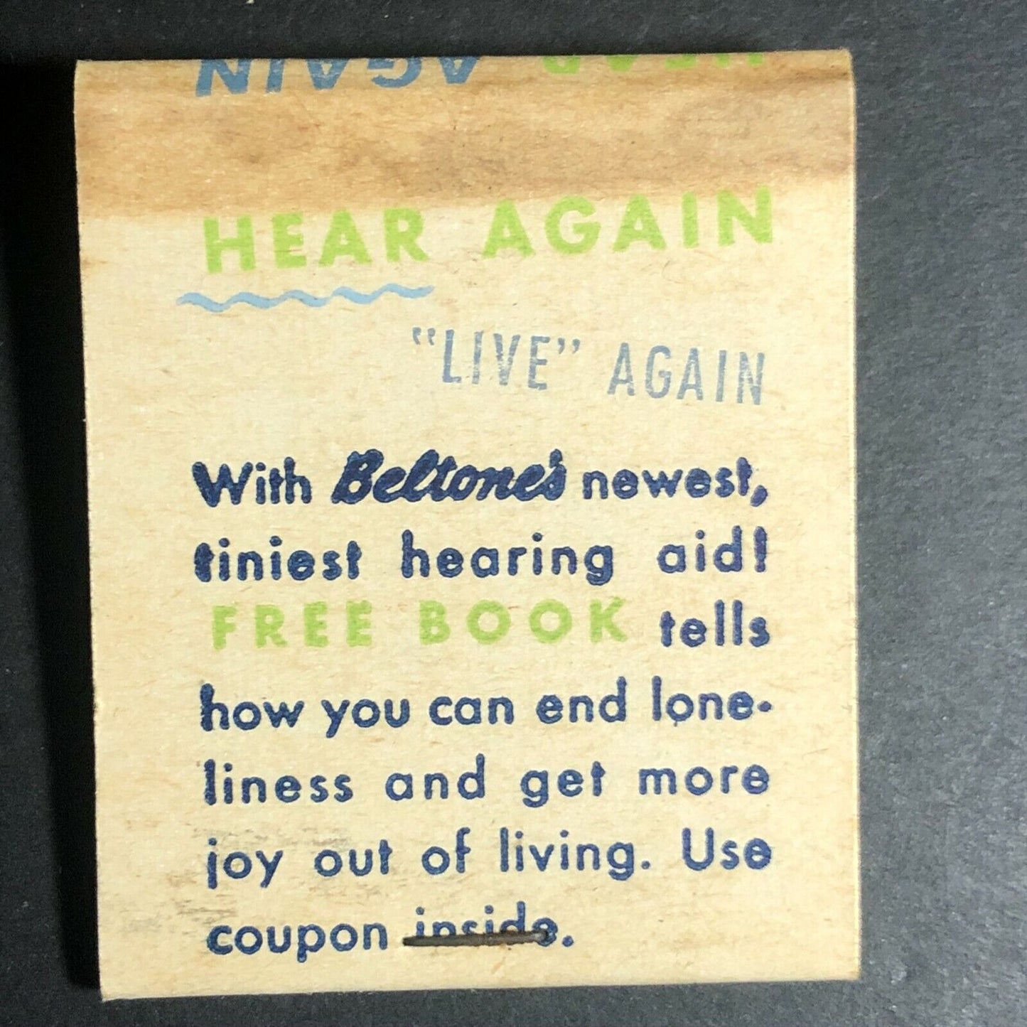 Beltone Hearing Aid "Hear Again" c1950's-60's Full Matchbook