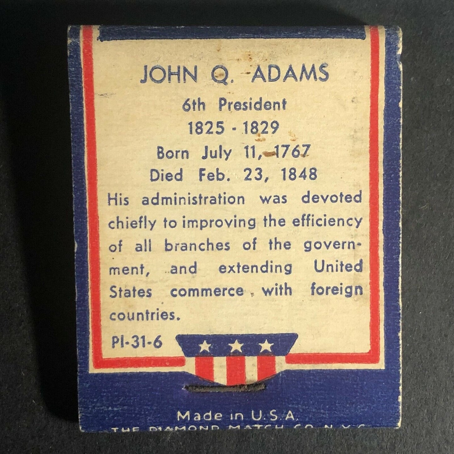 Scarce c1940's Full Matchbook John Quincy Adams Patriotic Red White Blue