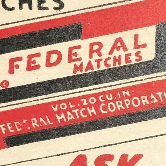 1940's-50's Full Matchbook Federal Matches Sales Corp. New York Chicago K.C.