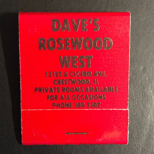 Dave's Rosewood West Restaurant Crestwood, IL  Full Matchbook c1974-80's Scarce