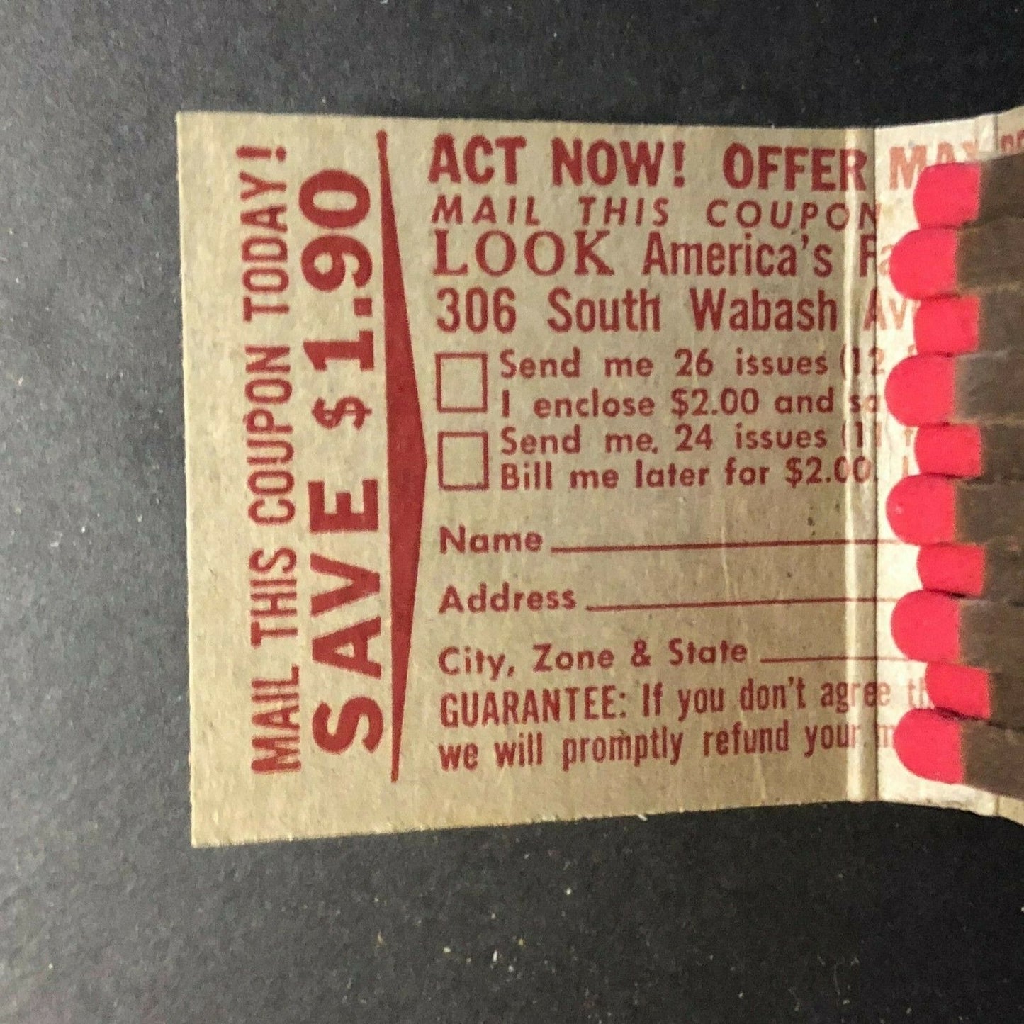 1940's-50's Full Matchbook - "Look" Magazine Offer $2.00 For 25 Issues