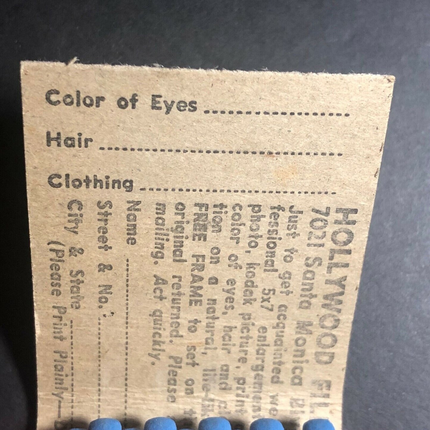Free 5 x 7 Professional Enlargement Hollywood c1960's-70's Full Matchbook