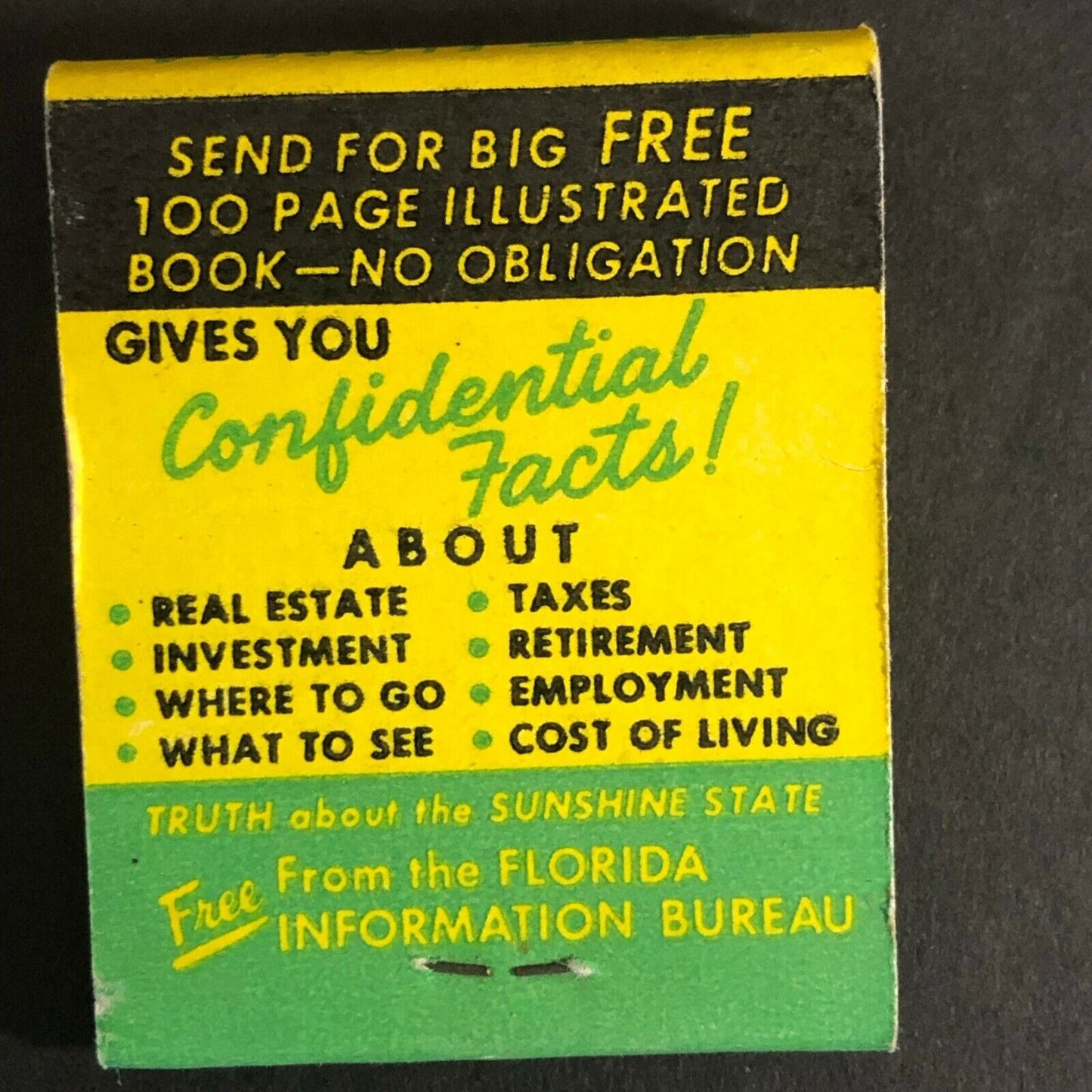 Vintage c1960's Full Matchbook "Free Florida Confidential Facts Book" Mail Offer