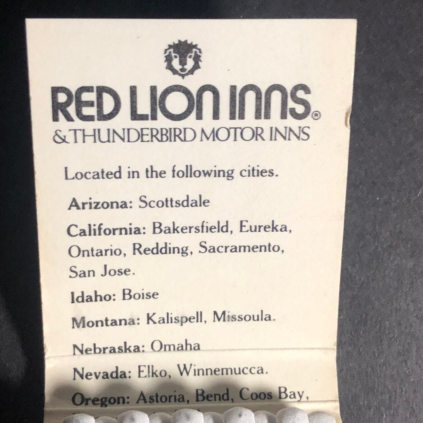 Red Lion Inns & Thunderbird Motor Inns Full Matchbook c1975-85