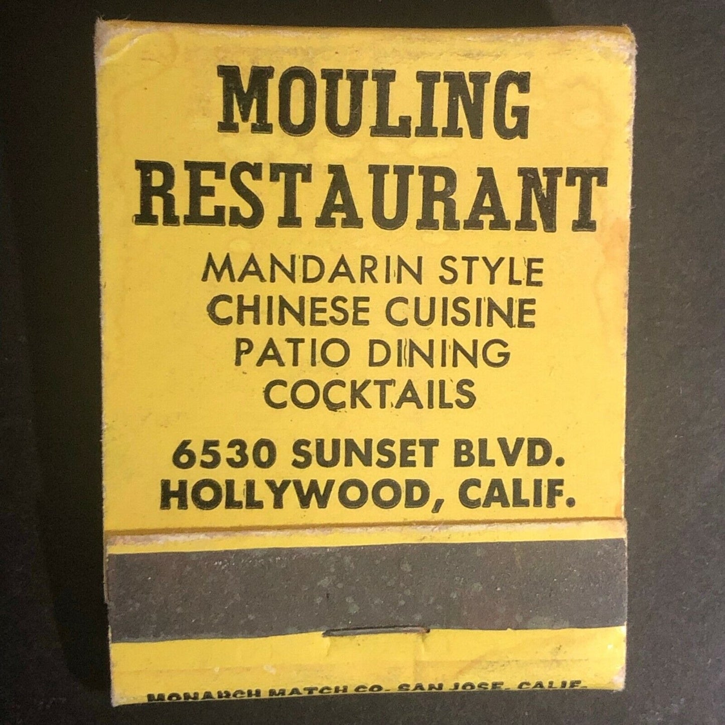 Sunset Blvd. Hollywood Mouling Restaurant"c1950's-60's Full Matchbook